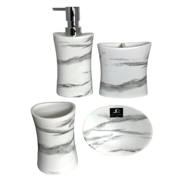 Todays Living Marble Elite Bath Accessory Set Lux White Grey Resin 4 Piece Set - Picture 2 of 15